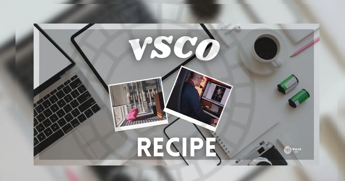 An image of VSCO Recipe with a laptop, editing workstation, & photography tools on a desk.