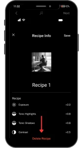 how to delete Vsco recipe an screenshot image by cell phone.